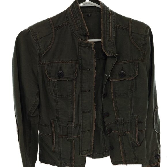 Ephemera Military Style Distressed Moto Jacket – Olive Green – Size S - Picture 1 of 3